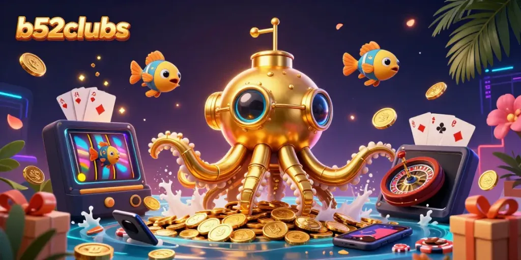 Engage with thrilling b52clubs gameplay as the golden kraken submarine rises amidst vibrant casino elements.
