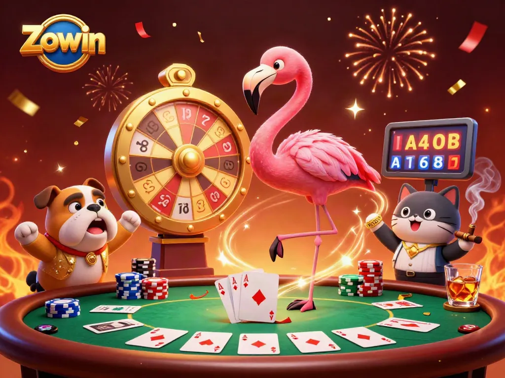 Zowin contestants celebrate winning prizes at a lively casino game show with vibrant elements.
