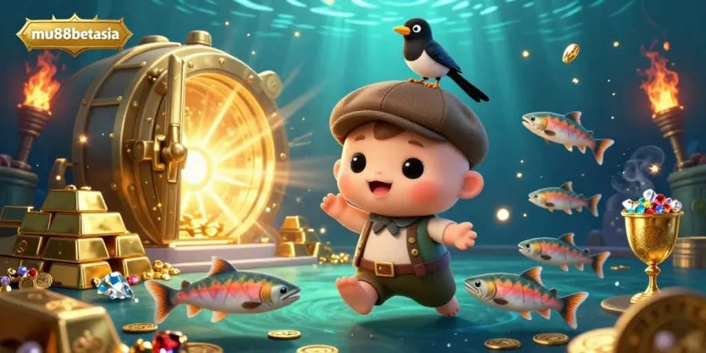 Experience the vibrant gaming scene at mu88betasia with 3D cartoon baby Nessie and gold elements illustrating a dynamic casino environment.