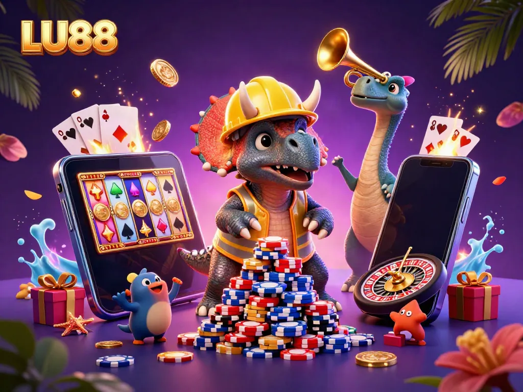 LU88 showcases an epic scene of a triceratops and friends celebrating with casino elements, enhancing online gaming excitement.