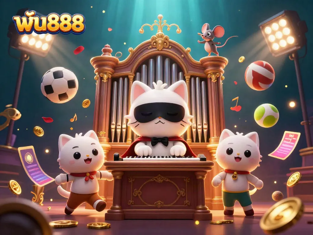 Experience thrilling gaming at ฟัน888, featuring a whimsical scene with animated characters and dynamic sports elements.