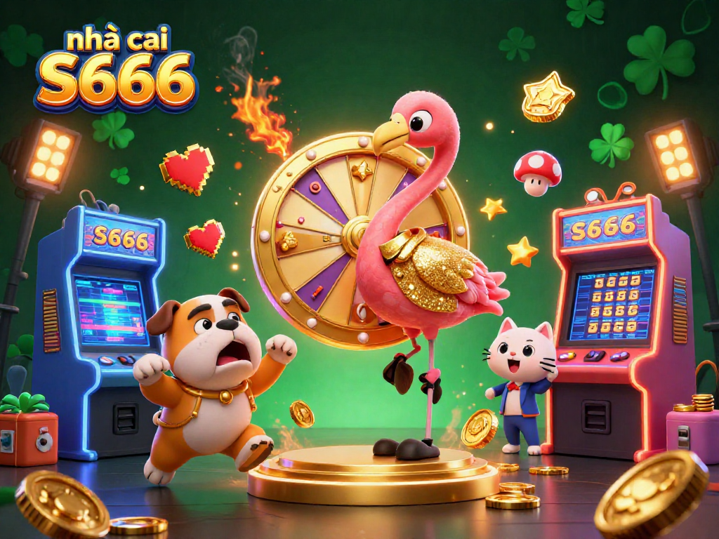 Spin the giant prize wheel at nhà cái S666 with excitement as the bulldog and flamingo celebrate winnings.