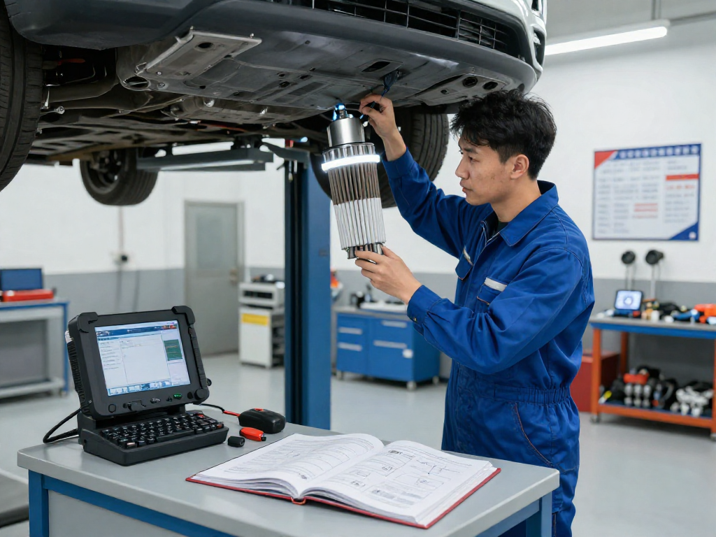 Techniker bei der dpf reinigung laatzen in einer modernen Werkstatt mit Werkzeugen und Diagnosegeräten.