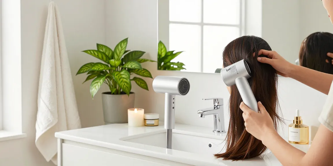 Laifen-Föhn in stilvollem Badezimmer, Benutzer trocknet sanft Haare für gesundes Styling.