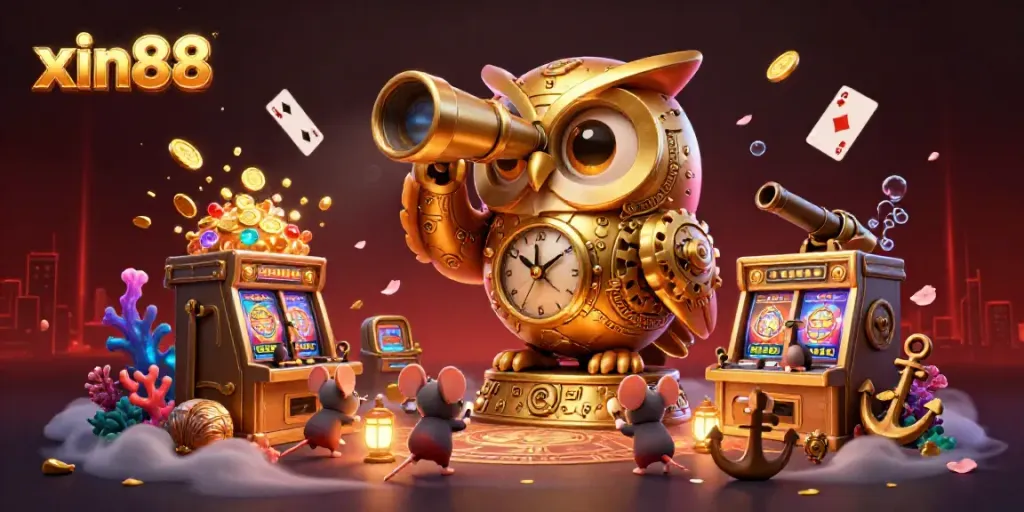 Engage with xin88's vibrant casino scene with a golden owl and playful mouse patrons amidst slot machines