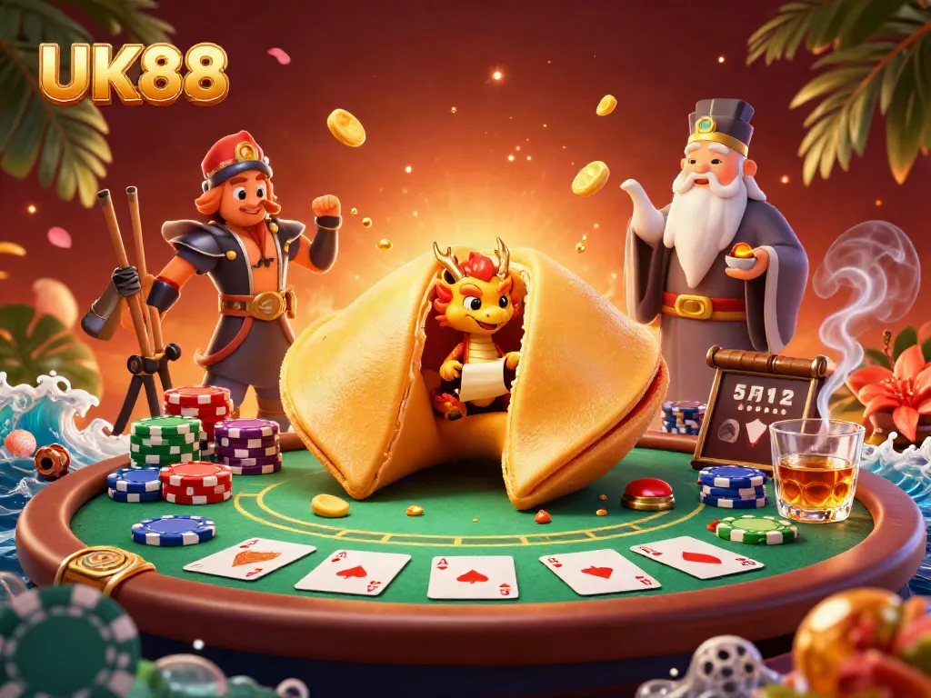 Experience thrilling gameplay at UK88 with a vibrant scene featuring a golden fortune cookie and dynamic poker atmosphere.