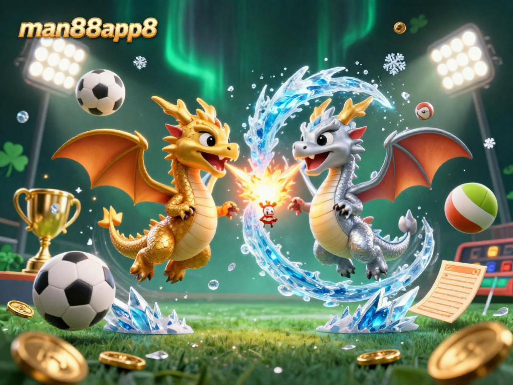 man88app8 showcases dynamic sports-themed gambling scene with fiery dragon contesting ice.