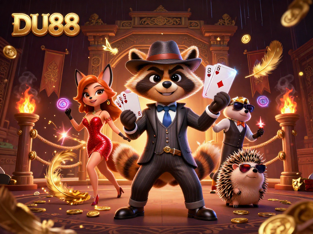 Experience thrilling wins at DU88 with a raccoon in a royal flush hand, surrounded by vibrant casino elements.