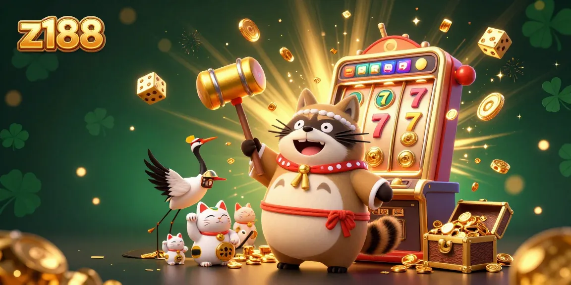 Interact with z188's vibrant casino scene featuring cheerful characters, lucky elements, and slot machine excitement.
