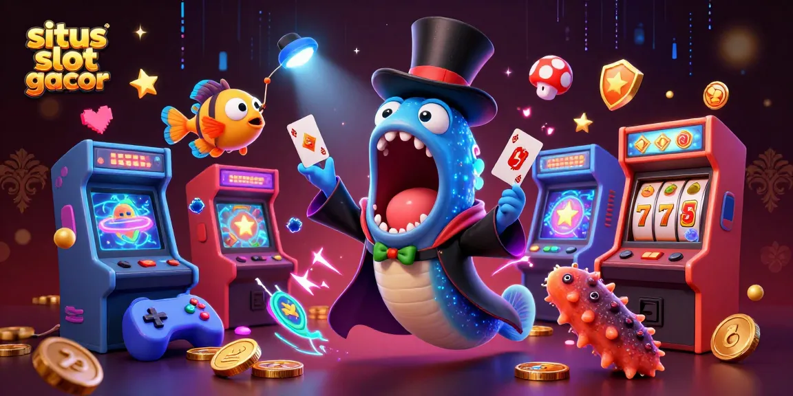 Situs slot gacor illustrated with a gulper eel magician performing magic tricks amidst a vibrant casino scene.