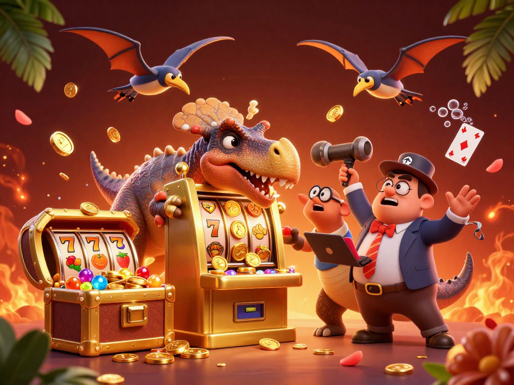 Celebrate wins at 888New as a cartoon dinosaur interacts with a golden slot machine in this vibrant casino-themed scene.