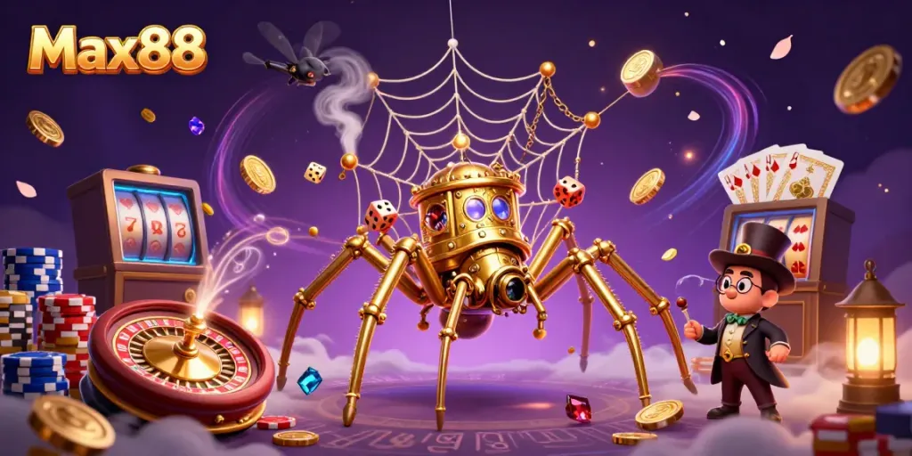 Experience thrilling action at Max88 with a steampunk spider and a whimsical fly gentleman in a vibrant casino scene.