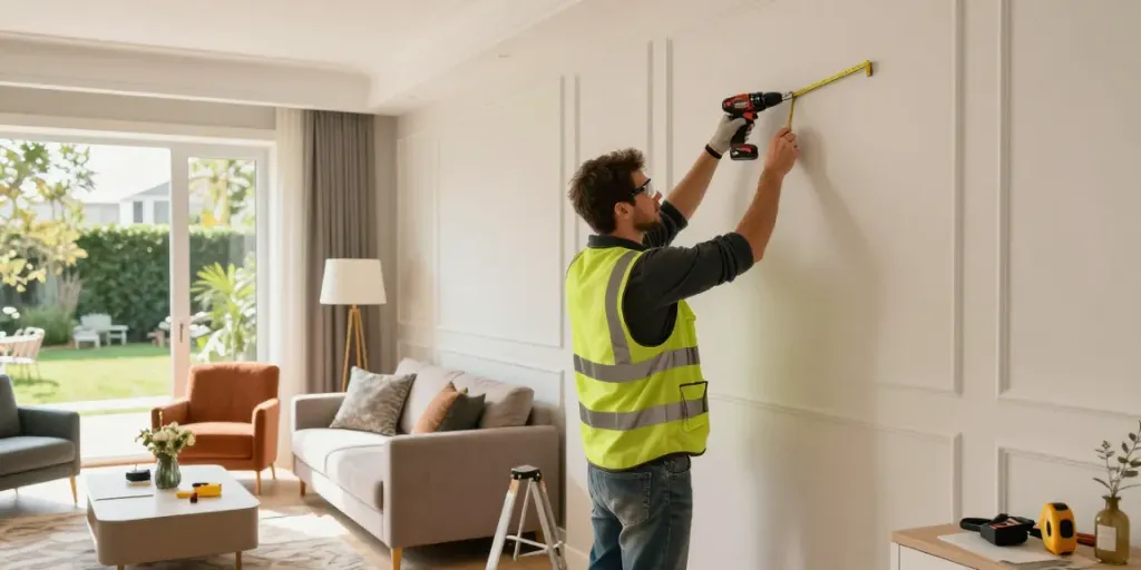 Augusta Innenausbau: Handwerker bei der Renovierung eines modernen Wohnzimmers mit eleganten Wandverkleidungen.