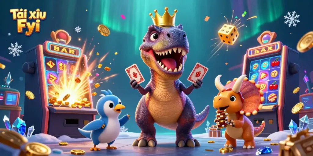 Engaging scene of Tài Xỉu Fyi with friendly dinosaurs interacting at a vibrant casino, showcasing fun elements.