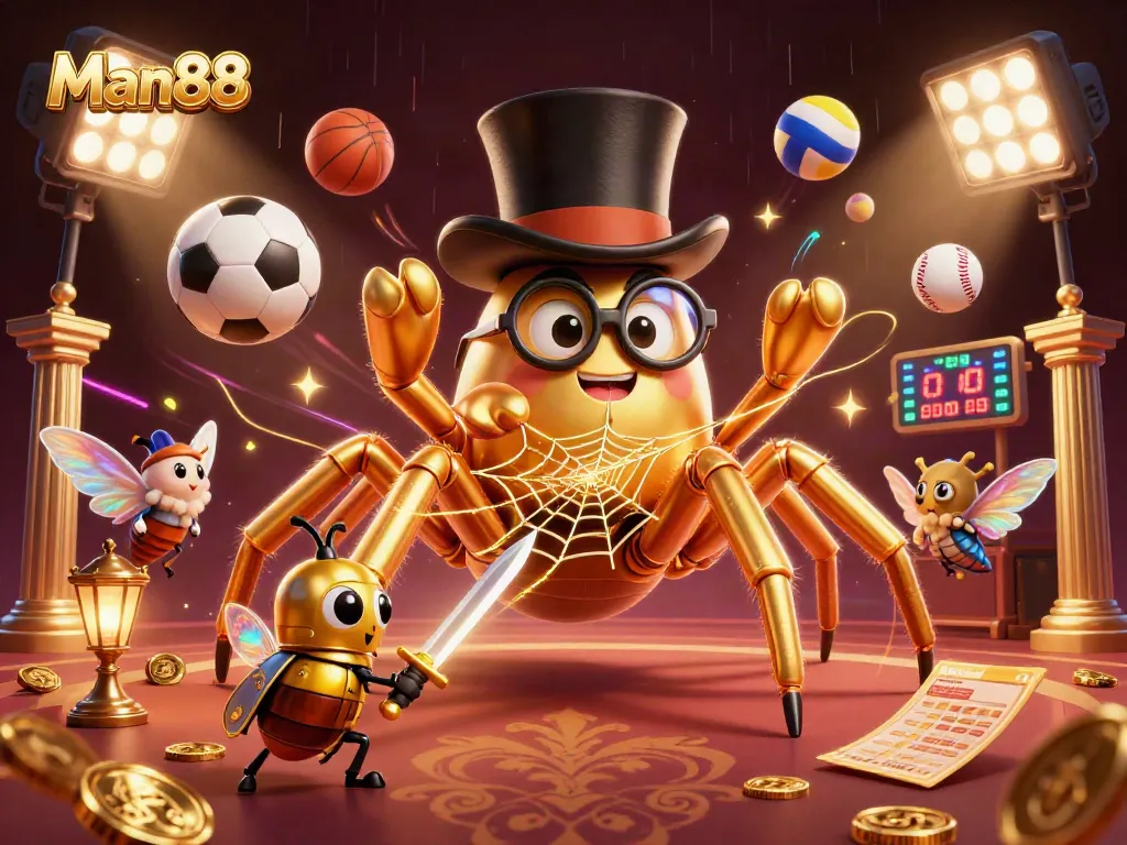 Experience thrilling sports action at Man88 with a giant golden tarantula weaving a web of winning bets.
