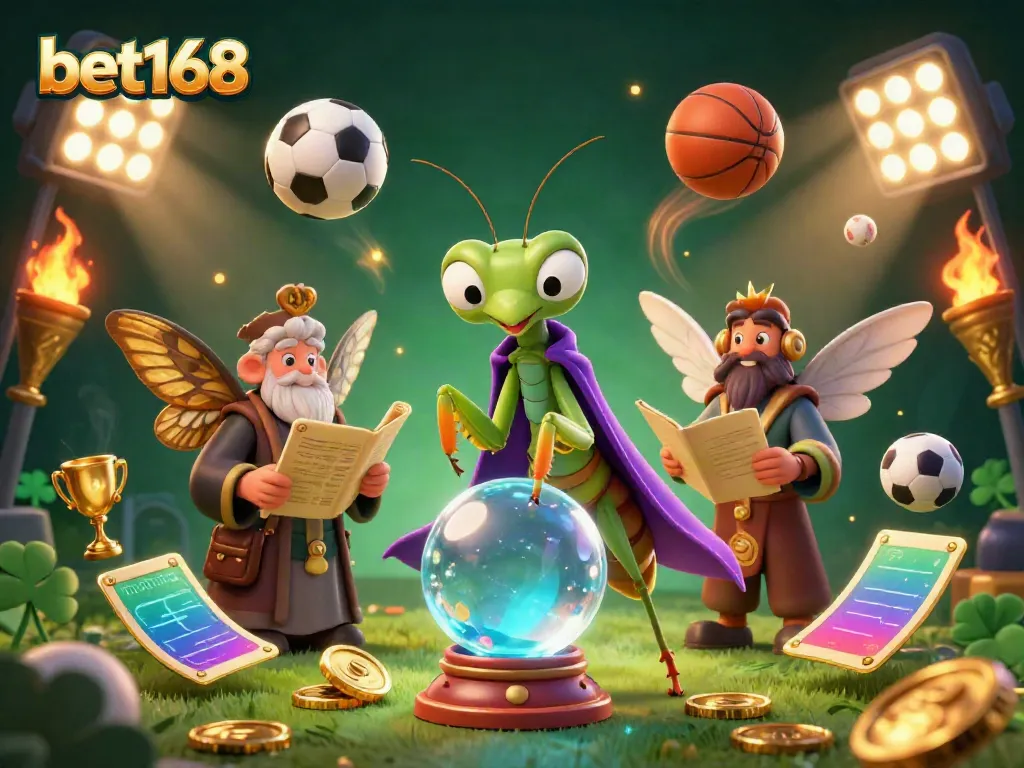 Engage in thrilling betting experiences with bet168 featuring a vibrant 3D scene of fortune tellers and sports elements.