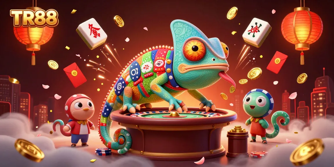 Watch TR88's chameleon casino owner snap up golden coins in a vibrant casino scene.