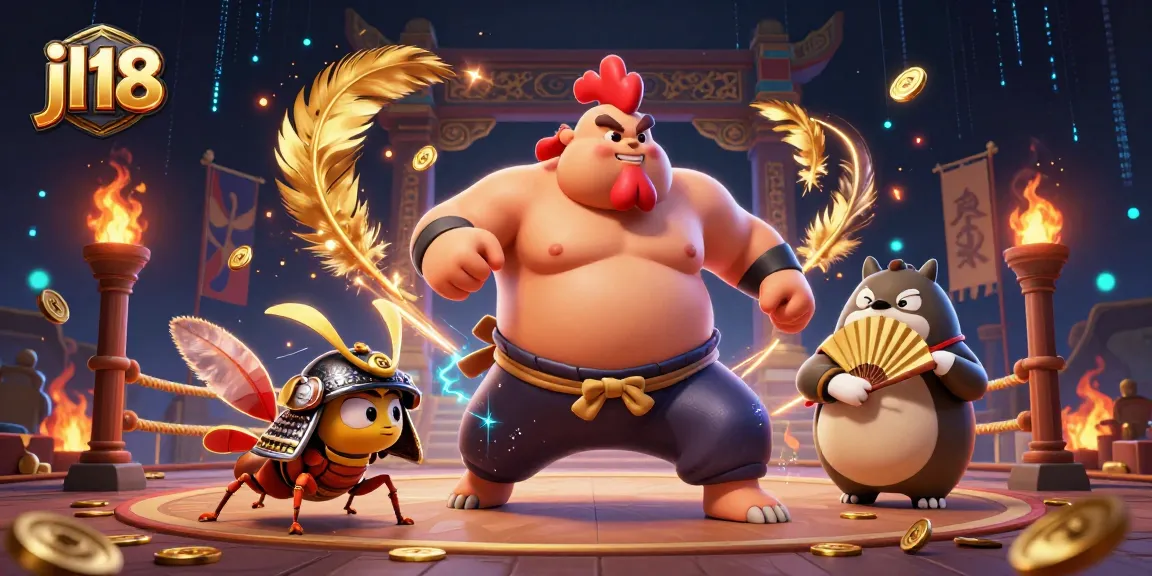 jl18 casino illustration showcasing a powerful sumo wrestler rooster battling a cricket, vibrant gambling elements