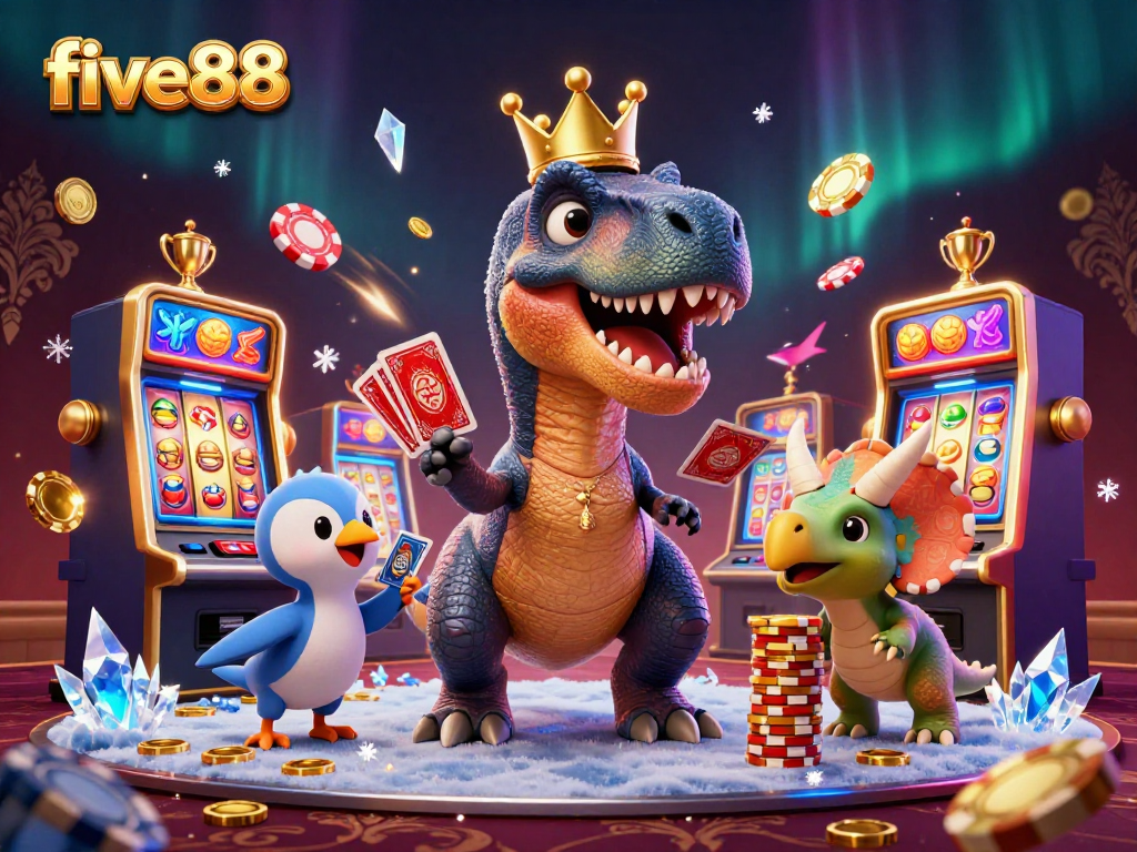 five88 engages players as a friendly T-Rex and pals shuffle cards and stack chips in a vibrant casino scene