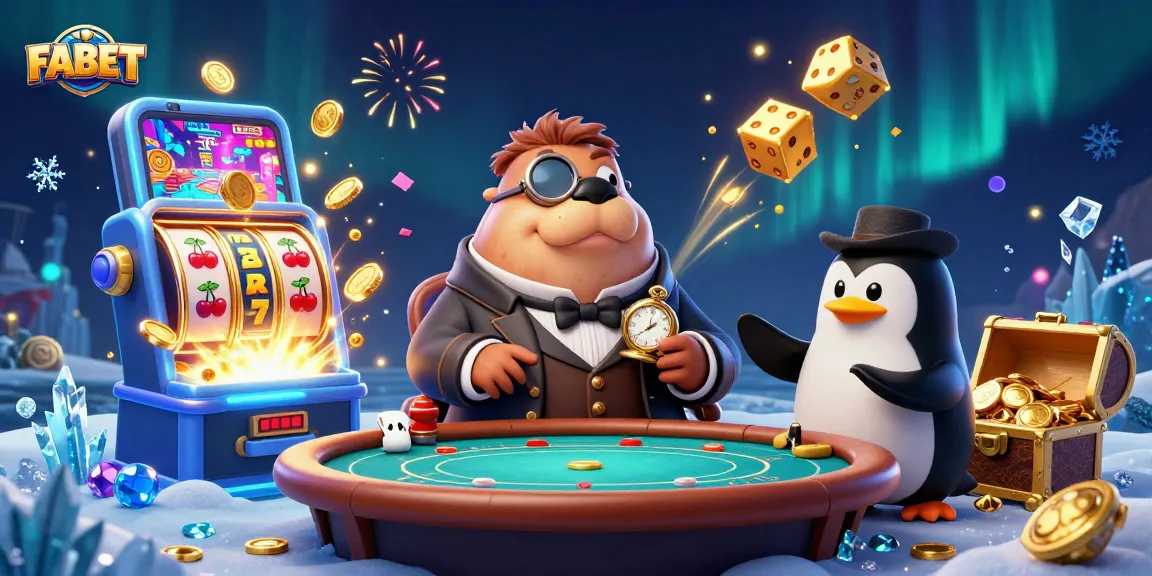 FABET highlights thrilling poker action with a walrus, penguin dealer, and bluffing pufferfish at a vibrant casino table.