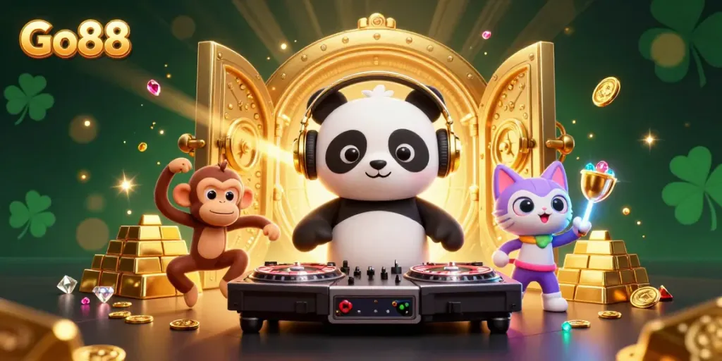 Experience Go88 with a stunning 3D display featuring a DJ panda, dancing monkey, and rave kitten surrounded by vibrant casino elements.
