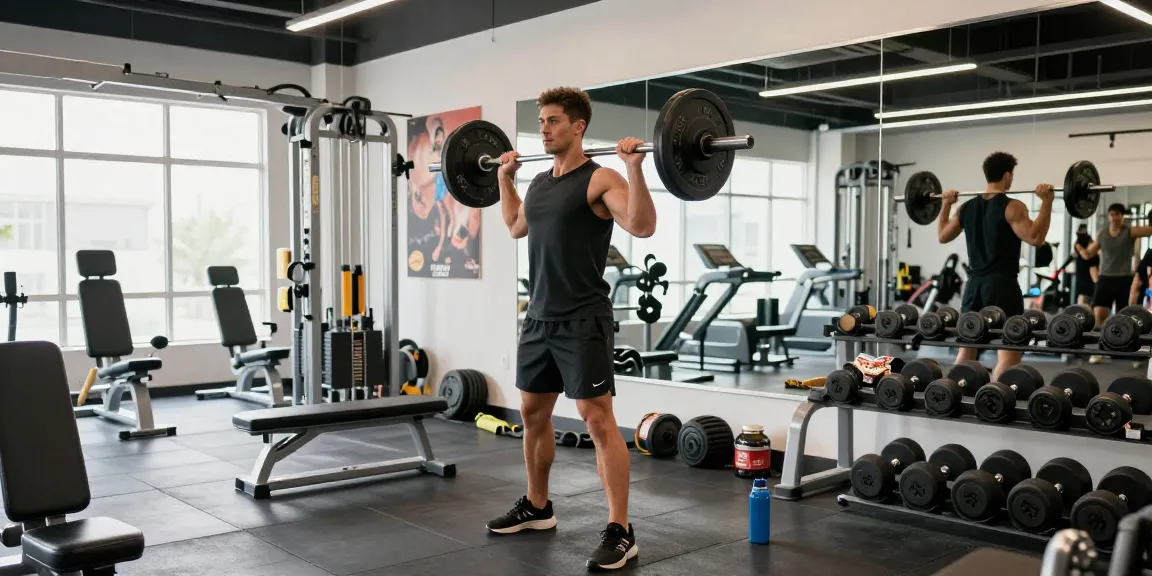 Anabolika Shop - Athlet im Fitnessstudio beim Gewichtheben mit motivierenden Postern und Fitnessgeräten.