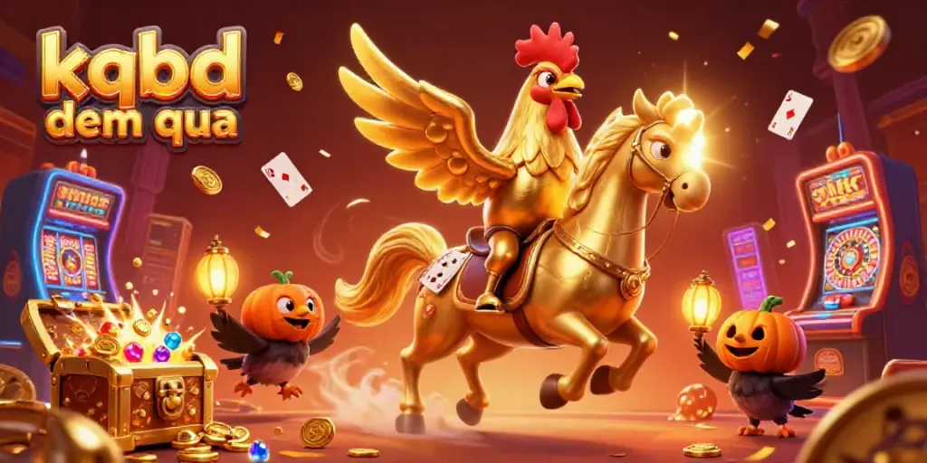 Experience kqbd dem qua with a vibrant 3D illustration of a golden rooster riding a spectral horse amidst casino excitement.