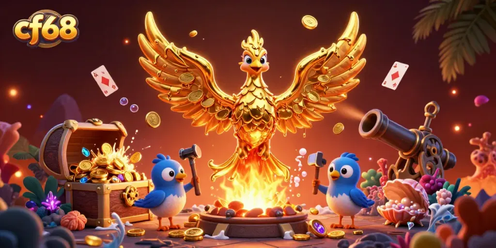 Engage in exciting cf68 gaming with a golden phoenix bringing coins amid vivid underwater treasures.