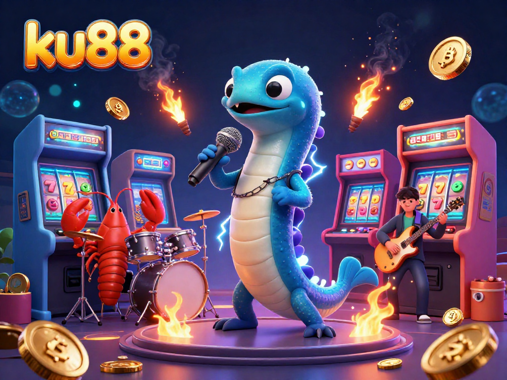 Engage with exciting games at ku88's underwater casino featuring a DJ electric eel and vibrant game elements.