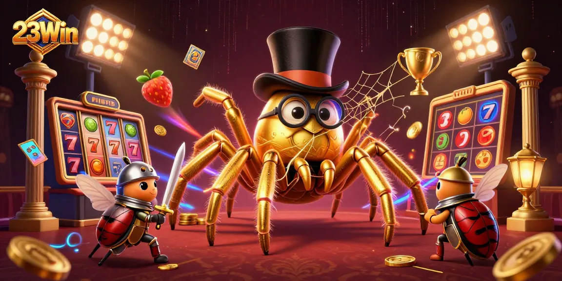 Experience the thrill at 23Win with a vibrant casino scene featuring a golden tarantula and beetle knight.