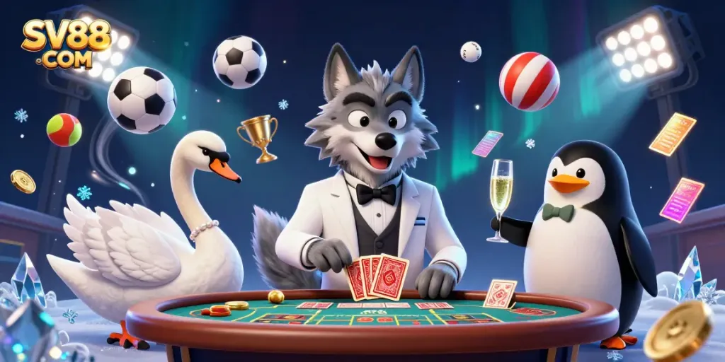 SV88 COM features a debonair wolf and elegant swan in a vibrant casino scene with dynamic sports elements.