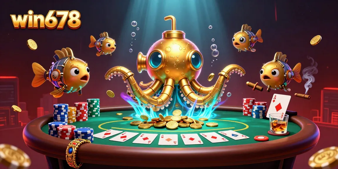 Experience the thrill of winning with win678 at a vibrant casino scene featuring a golden kraken submarine.