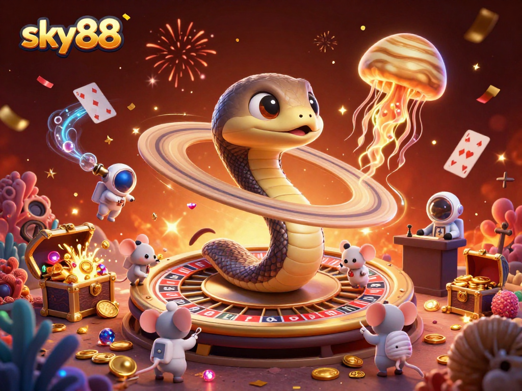 Engage with the sky88 cosmic casino scene featuring a Saturn ring snake roulette, astronauts, and vibrant treasures.