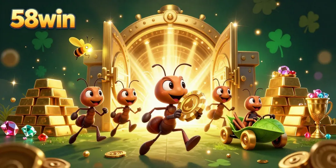 Ants executing a heist with the oversized golden poker chip in a vibrant 58win casino-themed illustration.