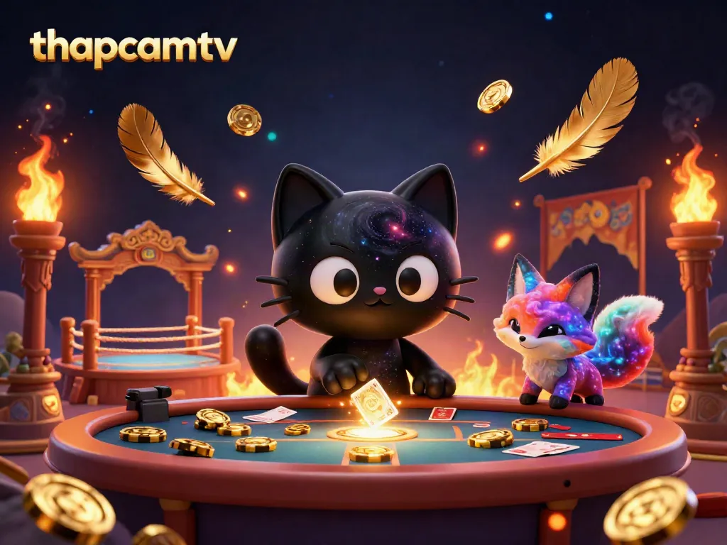 Engage with thapcamtv's vibrant gambling universe featuring a cosmic cat and fox at a blackjack table surrounded by golden elements.