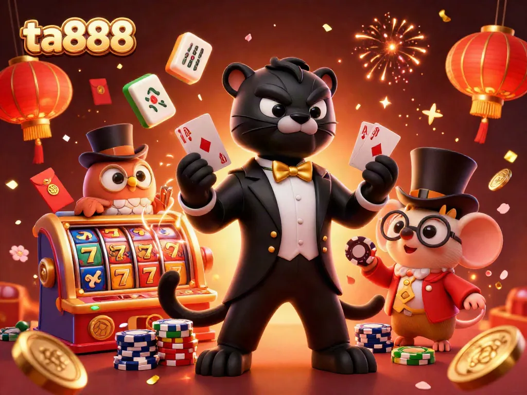 Experience thrilling card dealing action at ta888 with vibrant casino elements and lucky characters.