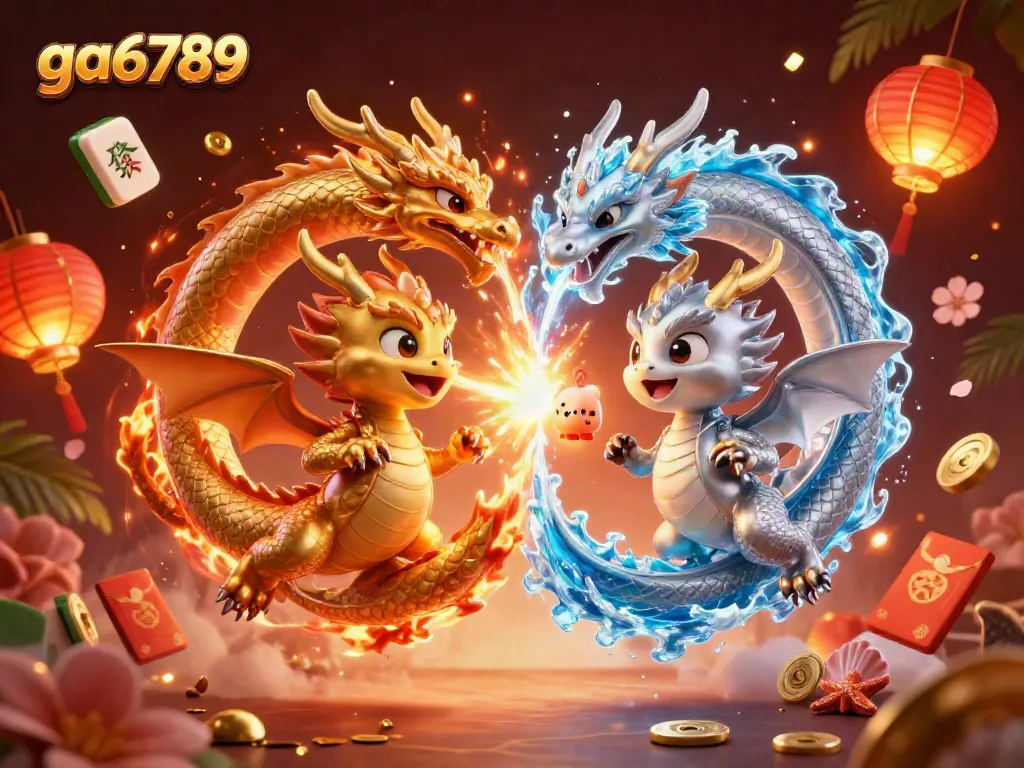 Experience the thrilling action at ga6789 with dynamic dragons, vibrant casino elements, and festive decorations.