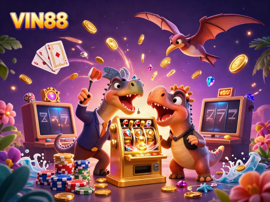 Experience the excitement of VIN88 as a cartoon pachycephalosaurus hits a slot machine for a jackpot, amidst flying coins and casino elements.