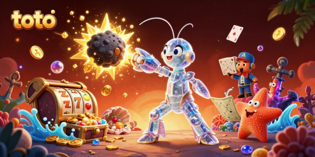 Experience vibrant casino action with toto, featuring a galactic mantis shrimp and treasure elements.