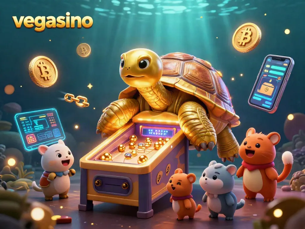 Play exciting casino games at vegasino with a golden tortoise pinball machine scene, featuring dynamic crypto elements.