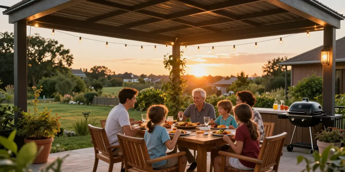 Moderne Terrassenüberdachung schützt die Familie beim Abendessen im Freien.