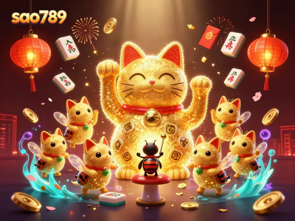 Experience the excitement of sao789's casino world with a vibrant illustration of a lucky cat among rich game symbols.