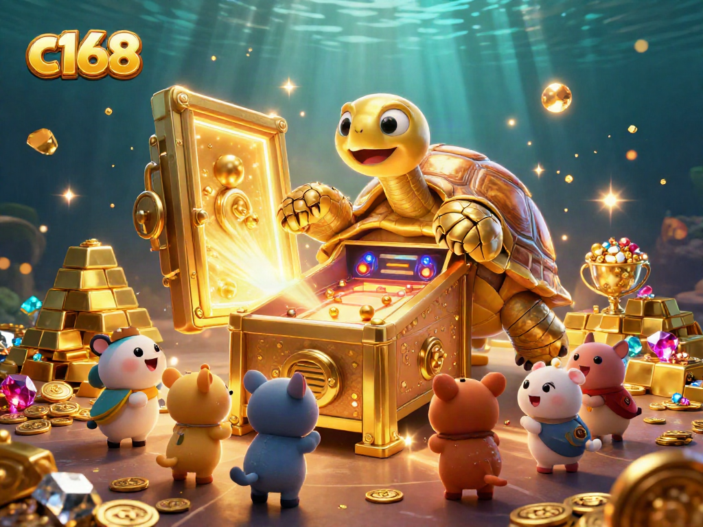 Spin and win with c168's colossal golden tortoise in a vibrant 3D casino adventure.