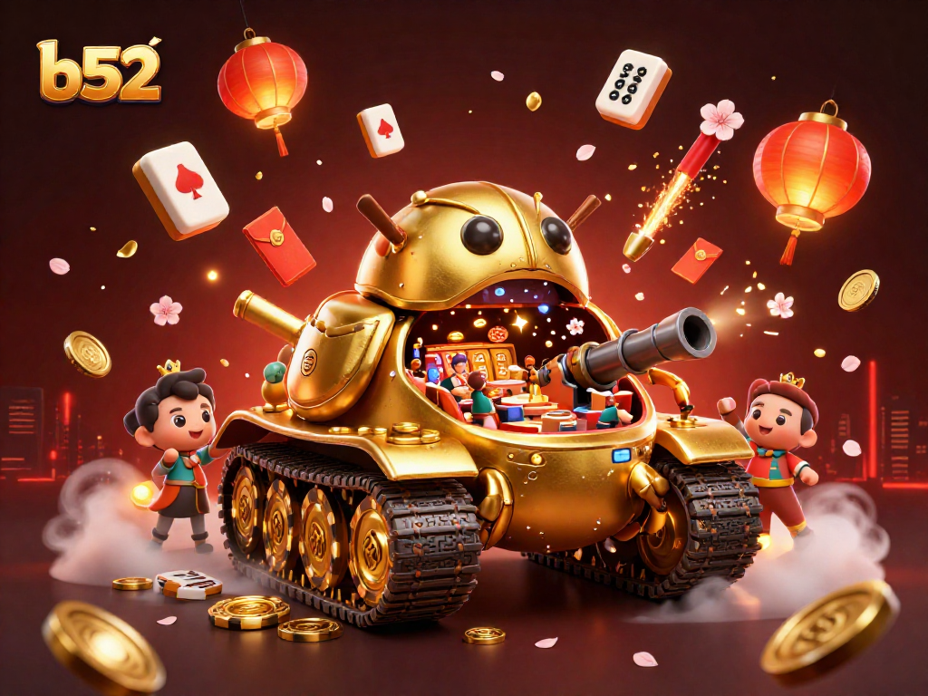 B52 game tank showcases a miniature casino with golden elements and dynamic confetti celebration.