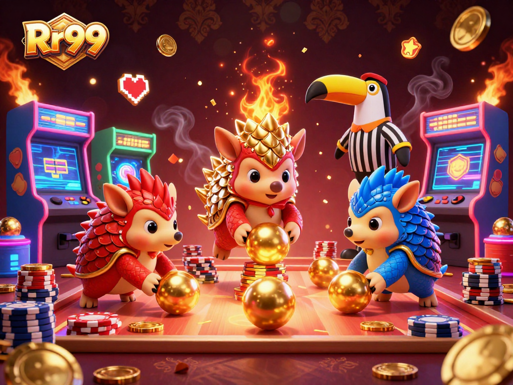 Watch Rr99 rival pangolins roll in casino-themed arcade, bowling through poker chips in an exciting scene.