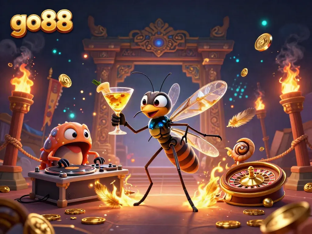 Engage with go88, featuring a vibrant 3D casino mascot amid dynamic gaming elements, creating a thrilling atmosphere.