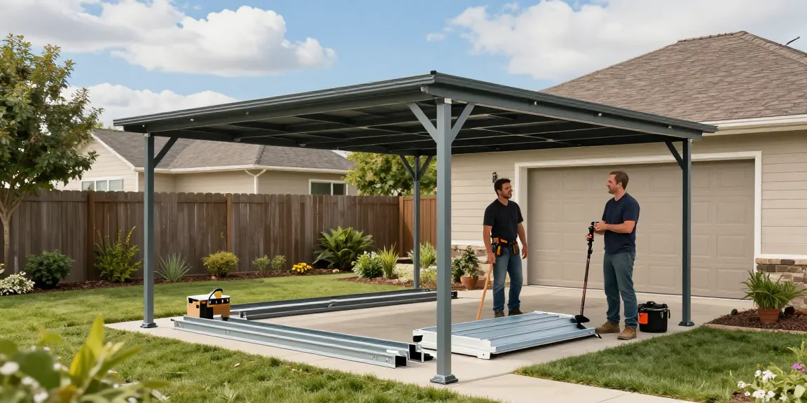 Carport Bau in einem hübschen Garten mit Handwerker und Materialien