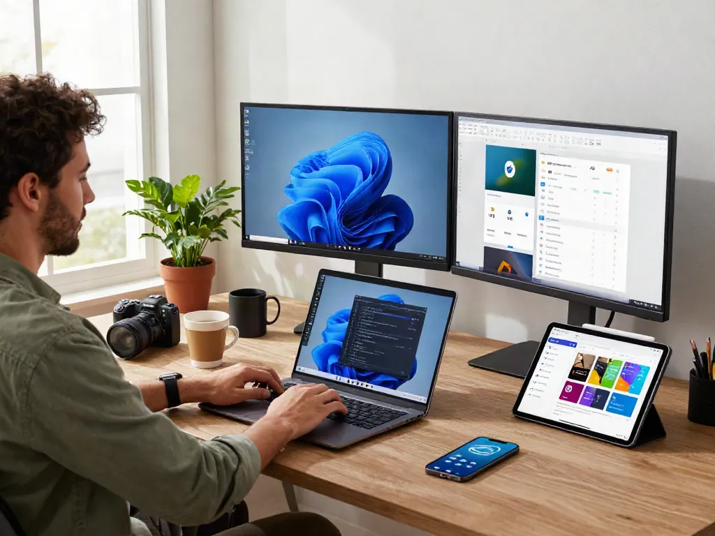 Effizienter Arbeitsplatz mit Windows 11 Pro auf Monitoren, Entwickler bei der Arbeit.