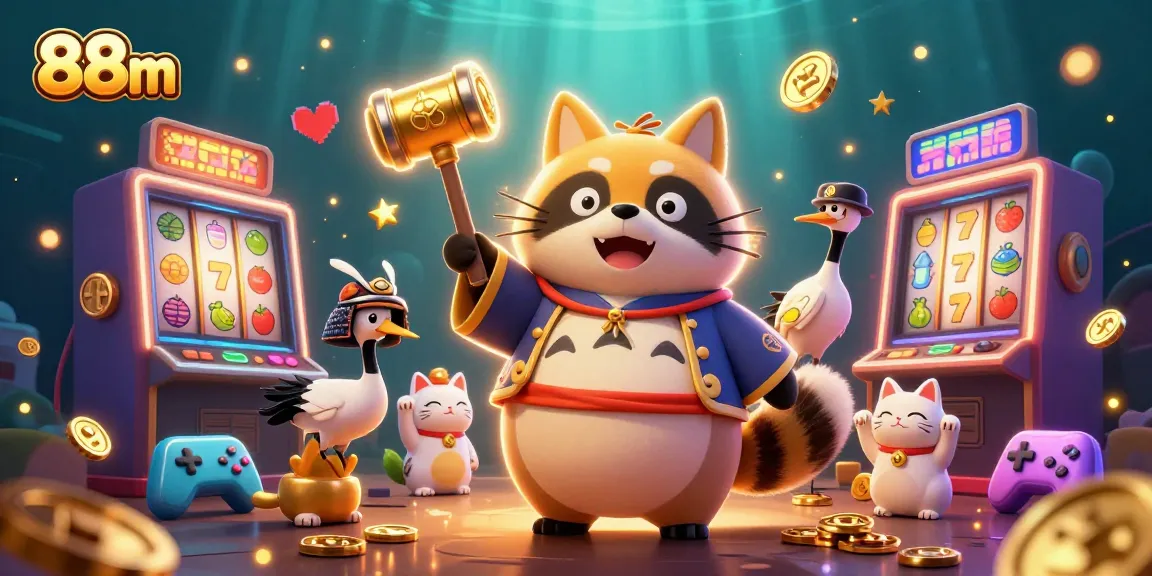 Spin the slots at 88m with joyful tanuki and maneki-neko in a vibrant casino scene