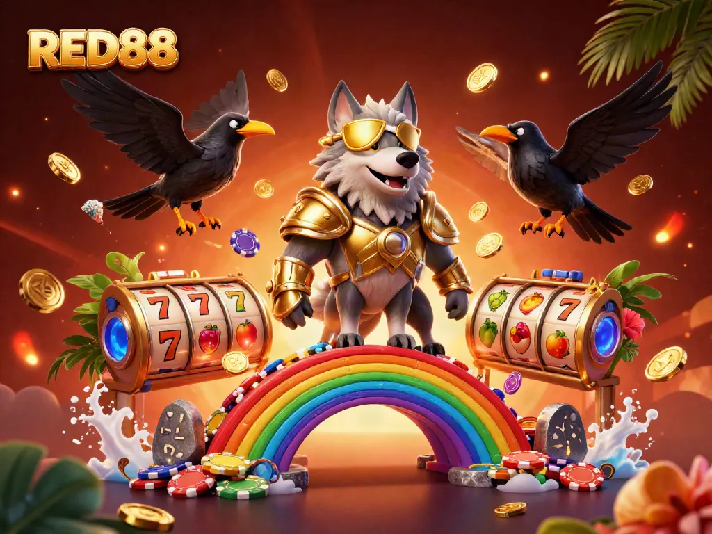 Experience thrilling gameplay at RED88 with golden-armored characters surrounded by vibrant slot game symbols and casino chips.